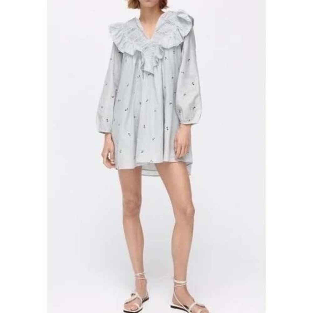 Zara Embroidered Gingham Ruffle Mini Dress Light Blue White Floral XL Cottage